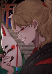 Rule 34 | absurdres, brown hair, ear piercing, fox mask, glasses, grin, highres, holding, holding mask, japanese clothes, long hair, mask, unworn mask, night, original, outdoors, piercing, profile, red eyes, sigure otoha1123, smile, torii, upper body