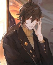 Rule 34 | 1boy, 1o8k, brown hair, closed mouth, earrings, eyes visible through hair, formal, genshin impact, hair between eyes, hand on own face, highres, jacket, jewelry, long hair, long sleeves, looking at viewer, male focus, multicolored hair, single earring, solo, turtleneck, window, yellow eyes, zhongli (genshin impact)