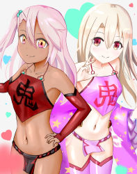 Rule 34 | 2girls, bare shoulders, black fundoshi, blush, breasts, chinese clothes, chloe von einzbern, closed mouth, collarbone, cosplay, dark-skinned female, dark skin, detached sleeves, dudou, fate/grand order, fate/kaleid liner prisma illya, fate (series), fundoshi, hair between eyes, hair bobbles, hair ornament, hand on own hip, heart, highres, illyasviel von einzbern, japanese clothes, long hair, looking at viewer, multiple girls, navel, one side up, orange eyes, pink fundoshi, pink hair, red eyes, sash, shuten douji (fate), shuten douji (fate/grand order), shuten douji (halloween caster) (fate), shuten douji (halloween caster) (fate) (cosplay), silver hair, small breasts, smile, star (symbol), star print, terte, thighhighs, thighs, white background