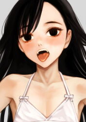 Rule 34 | 1girl, armpit peek, black eyes, black hair, blood alone, blush, bra, close-up, collarbone, commentary request, fangs, flat chest, forehead, grey background, long hair, looking at viewer, misaki minato, open mouth, paid reward available, solo, takano masayuki, tongue, tongue out, underwear, vampire, white bra