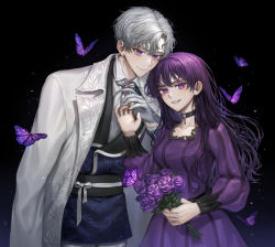 Rule 34 | 1boy, 1girl, black background, black choker, breasts, brooch, bug, butterfly, choker, dress, earrings, flower, formal, gloves, gradient background, grey hair, helio niccolo, hetero, holding, holding flower, insect, jewelry, leaning forward, long hair, long sleeves, looking at viewer, medea solon, medium breasts, micha, purple butterfly, purple dress, purple eyes, purple hair, smile, standing, white gloves, your throne