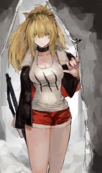 Rule 34 | 1girl, animal ears, arknights, bare legs, black choker, black jacket, blonde hair, breasts, choker, cleavage, closed mouth, commentary request, cowboy shot, fur-trimmed jacket, fur-trimmed shorts, fur trim, gyoukan (jfxc), hair between eyes, highres, holding, holding weapon, jacket, large breasts, lion ears, lion girl, long hair, long sleeves, open clothes, open jacket, ponytail, red shorts, shorts, sidelocks, siege (arknights), solo, studded choker, tank top, weapon, white tank top, yellow eyes