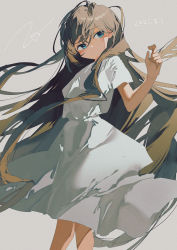 Rule 34 | 1girl, blue eyes, brown hair, closed mouth, commentary request, dated, dress, feet out of frame, grey background, hand up, highres, long hair, looking at viewer, original, potg (piotegu), short sleeves, signature, simple background, solo, very long hair, white dress