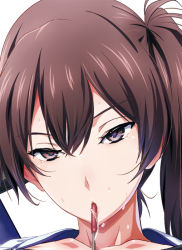 Rule 34 | 10s, 1girl, arrow (projectile), brown eyes, brown hair, close-up, kaga (kancolle), kantai collection, looking at viewer, naughty face, personification, ponytail, saliva, sexually suggestive, shino (comic penguin club), side ponytail, solo, sweat