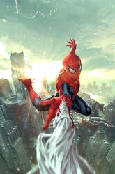 Rule 34 | 1boy, airborne, bodysuit, cloud, comic cover, commentary, cover image, english commentary, full body, highres, kael ngu, m/, male focus, marvel, mask, new york city, official art, open hand, red bodysuit, sky, solo, spider-man, spider-man (series), superhero costume, western comics (style)
