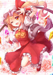 Rule 34 | 1girl, ;d, ascot, blonde hair, blush, crystal, dress, flandre scarlet, floral background, frilled shirt collar, frills, hat, hat ribbon, highres, looking at viewer, mary janes, mob cap, one eye closed, open mouth, puffy short sleeves, puffy sleeves, red dress, red footwear, red ribbon, ribbon, sakura ran, sash, shoes, short sleeves, side ponytail, smile, socks, solo, touhou, white hat, white socks, wings, wrist cuffs, yellow eyes