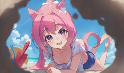 Rule 34 | 1girl, animal ears, beach, blush, breasts, collarbone, hair between eyes, hair ornament, haru urara (umamusume), highres, horse ears, horse girl, horse tail, looking at viewer, lying, ocean, on stomach, open mouth, pink eyes, pink hair, pov, sand, shorts, sky, small breasts, solo, swimsuit, tail, umamusume, yakousei a