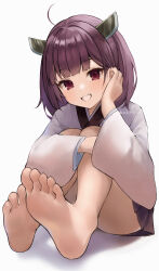 Rule 34 | 1girl, :d, absurdres, ahoge, barefoot, blush, brown skirt, convenient leg, feet, foot focus, foreshortening, full body, grey background, hand up, highres, hugging own legs, japanese clothes, kimono, knees up, long hair, looking at viewer, on floor, open mouth, pleated skirt, purple hair, red eyes, shadow, sitting, skirt, smile, soles, solo, tananuki, teeth, thighs, toes, touhoku kiritan, twitter username, voiceroid, wide sleeves