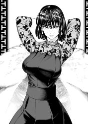 Rule 34 | 1girl, arms behind head, breasts, coat, dress, earrings, fubuki (one-punch man), fur coat, greyscale, jewelry, large breasts, lips, monochrome, one-punch man, pagong, smile, solo, taut clothes, taut dress, upper body