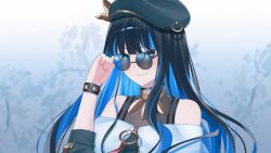 Rule 34 | 1girl, black hair, blue hair, fate/grand order, fate (series), glasses, hat, highres, long hair, round eyewear, solo, sunglasses, tenochtitlan (fate), tenochtitlan (second ascension) (fate), upper body, user vjdv7335