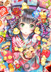 Rule 34 | 1girl, animal, animal on head, bird, black hair, blush, bowl, camellia, chick, chick on head, chinese zodiac, chopsticks, fisheye, floral print, flower, food, fruit, furisode, green eyes, hair ornament, hands up, holding, holding bowl, holding chopsticks, holding food, japanese clothes, kanzashi, keepout, kimono, looking at viewer, mandarin orange, on head, open mouth, original, red kimono, seiza, sitting, solo, soramu, striped clothes, striped kimono, triangle mouth, wide sleeves, year of the rooster, zouni soup