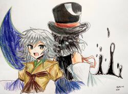 Rule 34 | 2others, androgynous, ascot, black headwear, black shirt, brown ascot, chinese commentary, colored pencil (medium), commentary request, detached sleeves, enraku tsubakura, grey eyes, grey hair, guhai2023, hat, highres, houlen yabusame, ink, jacket, layered sleeves, len&#039;en, long sleeves, medium hair, multiple others, neck ribbon, other focus, puffy short sleeves, puffy sleeves, red ribbon, ribbon, shirt, short over long sleeves, short sleeves, sketch, sleeveless, sleeveless shirt, traditional media, white background, white sleeves, yellow jacket