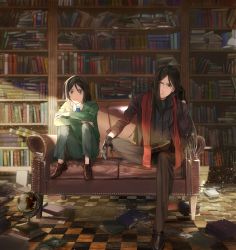 Rule 34 | 2boys, absurdres, adjusting hair, black gloves, black hair, bookshelf, couch, dual persona, fate/zero, fate (series), globe, gloves, green eyes, green shirt, highres, crossed legs, long hair, lord el-melloi ii, lord el-melloi ii case files, multiple boys, necktie, aged up, shirt, sitting, sweater, time paradox, waver velvet, aged down, yurian (user utch8788)