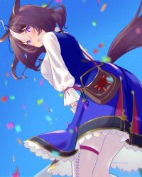 Rule 34 | 1girl, :3, ahoge, animal ears, blue ribbon, breasts, brown hair, from below, from side, highres, horse ears, horse girl, large breasts, looking at viewer, looking down, meisho doto (umamusume), multicolored hair, open mouth, purple eyes, quatraise, ribbon, short hair, solo, twitter username, two-tone hair, umamusume, white hair