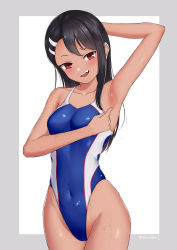 Rule 34 | 1girl, absurdres, arm behind head, armpits, black hair, blue one-piece swimsuit, blush, border, brown eyes, commentary request, competition swimsuit, cowboy shot, dark-skinned female, dark skin, earclip, earrings, female focus, grey border, hair ornament, hairclip, hand up, highleg, highleg swimsuit, highres, ijiranaide nagatoro-san, jewelry, long hair, looking at viewer, nagatoro hayase, nose blush, one-piece swimsuit, parted bangs, pointing, portrait, shinalpha, sidelocks, simple background, smile, solo, swimsuit, tan, wet, wet clothes, white background