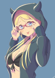 Rule 34 | 10s, 1girl, :p, adjusting eyewear, ayase eli, bikini, bikini top only, black bikini, blonde hair, blue background, blue eyes, blush, breasts, closed mouth, demon horns, from side, glasses, hair over shoulder, head tilt, hood, horns, large breasts, long hair, long sleeves, looking at viewer, love live!, love live! school idol project, red-framed eyewear, sagamiya (sgmy777), simple background, smile, solo, swimsuit, tongue, tongue out, upper body