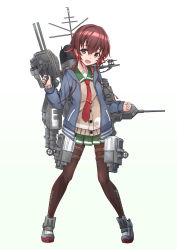 Rule 34 | 1girl, adapted costume, adapted turret, argyle, argyle clothes, argyle legwear, beige cardigan, blue jacket, brown eyes, brown hair, cannon, cardigan, commentary request, crescent, crescent pin, full body, gradient hair, green skirt, highres, jacket, kantai collection, looking at viewer, machinery, minosu, multicolored hair, mutsuki (kancolle), necktie, original remodel (kantai collection), pantyhose, pleated skirt, red hair, red necktie, school uniform, serafuku, short hair, simple background, skirt, smokestack, solo, standing, torpedo launcher, turret, white background