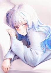Rule 34 | 1girl, blue hair, blunt bangs, blush, colored inner hair, commentary, couch, grey sweater, highres, leaning on object, lize helesta, long hair, looking at viewer, lying, multicolored hair, nijisanji, on couch, on stomach, oni0417, purple eyes, sleeves past wrists, smile, solo, streaked hair, sweater, symbol-only commentary, upper body, virtual youtuber, white hair
