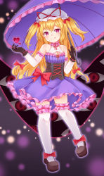 Rule 34 | 1girl, :q, absurdres, adapted costume, aged down, alternate hairstyle, arm garter, bare shoulders, black footwear, black gloves, blonde hair, blush, bow, breasts, bridal garter, choker, collar, commentary, corset, dress, elbow gloves, frilled collar, frills, full body, gap (touhou), gloves, hair between eyes, hair bow, hands up, hat, hat ribbon, head tilt, heart, highres, holding, holding umbrella, light particles, long hair, looking at viewer, mob cap, purple background, purple collar, purple dress, purple eyes, purple umbrella, red bow, red choker, red ribbon, ribbon, ribbon choker, shoes, small breasts, smile, solo, thighhighs, tongue, tongue out, touhou, two side up, umbrella, very long hair, white gloves, white hat, white thighhighs, yakumo yukari, yakumo yukari (young), yangshangshu