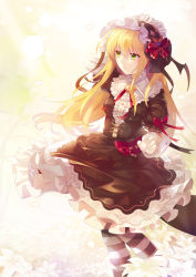 Rule 34 | 1girl, arm up, black dress, blonde hair, bow, corset, cross-laced clothes, dress, expressionless, falken (yutozin), flower, frilled dress, frills, gothic lolita, green eyes, hair between eyes, hairband, hand in own hair, heart, horizontal-striped legwear, light rays, lolita fashion, lolita hairband, long hair, long sleeves, looking afar, looking away, original, pantyhose, red bow, sidelocks, solo, standing, striped clothes, striped legwear, striped pantyhose, white flower