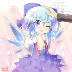 Rule 34 | 1girl, arms behind back, artist name, blue dress, blue eyes, blue hair, blush, bow, cirno, dress, hair bow, head pat, heart, hetero, one eye closed, open collar, open mouth, petals, headpat, short hair, smile, solo focus, thought bubble, touhou, wings, wink, yurume atsushi
