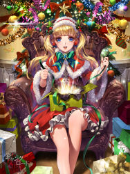Rule 34 | 1girl, armchair, bad id, bad pixiv id, blonde hair, blue eyes, blunt bangs, bow, capelet, chair, christmas ornaments, christmas stocking, dress, earrings, frills, furyou michi ~gang road~, gift, jewelry, kinno yuna, long hair, official art, panties, pantyshot, ribbon, santa costume, sitting, solo, sparkle, tinsel, tob, twintails, underwear