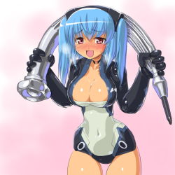 Rule 34 | 10s, 1girl, :d, bad id, bad pixiv id, black gloves, blue hair, blush, bodysuit, breasts, breath, busou shinki, choker, cleavage, covered navel, cowboy shot, dd (ijigendd), doll joints, gloves, headgear, heavy breathing, hip focus, holding, joints, large breasts, leotard, long hair, looking at viewer, mini person, minigirl, narrow waist, navel, nervous, nose blush, open mouth, pink background, pink eyes, raised eyebrows, screwdriver, smile, solo, strarf, sweat, tan, thigh gap, twintails, wide hips
