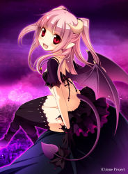 Rule 34 | 10s, 1girl, ange vierge, black thighhighs, blush, boots, bow, daikan&#039;yama ebisu, demon girl, demon horns, demon tail, demon wings, fang, framboise (ange vierge), gradient background, horns, jewelry, official art, original, pendant, pink hair, pointy ears, red eyes, showgirl skirt, solo, tail, tail bow, tail ornament, thighhighs, two side up, wings