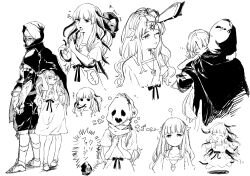 Rule 34 | 1boy, 1girl, ?, armor, chibi, cloak, closed eyes, commentary request, dress, ender lilies quietus of the knights, expressionless, facial mark, forehead mark, full armor, full body, greyscale, headpat, highres, hood, hooded cloak, hug, jewelry, kanikamaseiun, knight, lily (ender lilies), long hair, mask, monochrome, multiple views, necklace, open mouth, pendant, simple background, sketch, smile, tendril, umbral knight (ender lilies)