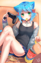Rule 34 | animal ears, artist name, bag of chips, bell, black shirt, blue skirt, bow, breasts, candy, cat ears, cat tail, chair, chips (food), controller, cookie, dated, dualshock, eating, food, game controller, gamepad, green eyes, hair bow, highres, index finger raised, indoors, jingle bell, looking at viewer, michiru donut, mouth hold, original, pink bow, playstation controller, shirt, short hair, signature, sitting, skirt, small breasts, solo, tail, wrapped candy