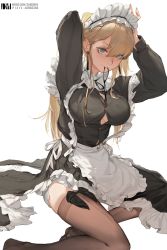 Rule 34 | 1girl, apron, arm behind head, arms up, black dress, blonde hair, breasts, brown thighhighs, dm (dai miao), dress, frilled apron, frilled dress, frills, grey eyes, hair between eyes, hair tie in mouth, highres, large breasts, long hair, long sleeves, looking at viewer, mole, mole under eye, mouth hold, no shoes, original, simple background, sitting, solo, thighhighs, tying hair, white apron, white background