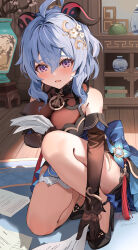 Rule 34 | 1girl, ahoge, bare shoulders, bell, black dress, black footwear, black gloves, blue dress, blue hair, blush, breast press, breasts, cleavage, detached sleeves, dress, ganyu (genshin impact), ganyu (twilight blossom) (genshin impact), genshin impact, gloves, goat horns, hair between eyes, hair ornament, high heels, highres, holding, holding paper, horns, indoors, long hair, looking at viewer, motto (night wear), neck bell, official alternate costume, official alternate hairstyle, on one knee, paper, parted lips, purple eyes, sidelocks, sleeveless, sleeveless dress, solo, vision (genshin impact)