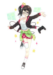 Rule 34 | 1girl, ;d, absurdres, ahfish, black-framed eyewear, black hair, black jacket, breasts, cleavage, clothes around waist, full body, glasses, hair ornament, hand up, highres, jacket, jacket around waist, medium breasts, medium hair, navel, one eye closed, open mouth, original, pink skirt, plaid, plaid skirt, playstation controller, purple eyes, ribbon, shirt, shoes, side ponytail, simple background, skirt, smile, sneakers, solo, standing, standing on one leg, star (symbol), thighhighs, white background, white shirt, white thighhighs, x hair ornament, yellow ribbon