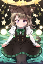 Rule 34 | 1girl, animal ears, black dress, black pantyhose, blush, bow, breasts, brown hair, cat ears, cat girl, cat tail, closed mouth, collared shirt, commentary request, dress, frilled dress, frills, genshin impact, green bow, hair intakes, juliet sleeves, knees together feet apart, long hair, long sleeves, looking at viewer, lynette (genshin impact), pantyhose, parted bangs, puffy sleeves, purple eyes, shirt, sitting, sleeveless, sleeveless dress, small breasts, solo, star (symbol), sui. (ayase), tail, white shirt
