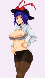 Rule 34 | 1girl, black pantyhose, blue hair, blush, bra, bra pull, breasts, clothes pull, female focus, hat, hat ribbon, highres, inverted nipples, large breasts, looking at viewer, nagae iku, navel, nipples, open clothes, open shirt, panties, panties under pantyhose, pantyhose, red eyes, ribbon, sagara1990, shirt, short hair, simple background, solo, sweatdrop, thighband pantyhose, touhou, underwear, white background