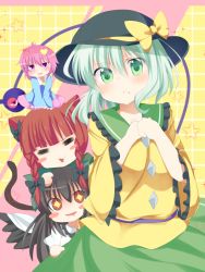 Rule 34 | :&lt;, :3, animal ears, ashino, black bow, black hair, black hat, blunt bangs, blush, blush stickers, bow, cat ears, cat girl, cat tail, chibi, closed mouth, commentary request, eyeball, frilled shirt collar, frilled sleeves, frills, furrowed brow, green eyes, green skirt, hair bow, hands up, hat, hat ribbon, heart, heart of string, kaenbyou rin, komeiji koishi, komeiji satori, light green hair, long hair, long sleeves, looking at viewer, mini person, minigirl, no nose, open mouth, red eyes, red hair, reiuji utsuho, ribbon, skirt, smile, tail, third eye, touhou, wide sleeves, yellow bow