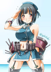 Rule 34 | 10s, 1girl, adapted costume, alternate costume, bare shoulders, black hair, blue sky, blush, breasts, c:, cloud, cloudy sky, female focus, flying sweatdrops, garter straps, horizon, kantai collection, large breasts, looking at viewer, machinery, midriff, miniskirt, navel, ocean, red eyes, salute, short hair, skirt, sky, smile, sogabe toshinori, solo, spread legs, standing, takao (kancolle), thighhighs, twitter username, zettai ryouiki