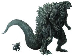 Rule 34 | absurdres, father and son, godzilla, godzilla: planet of the monsters, godzilla (series), godzilla earth, godzilla filius, highres, kaijuu, no humans, polygon pictures, simple background, size comparison, size difference, spikes, tail, toho, ultra-taf, white background