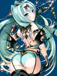 Rule 34 | 1girl, ass, bad id, bad pixiv id, black thighhighs, blue eyes, blush, character request, cosmos (the crying moon), garter straps, green hair, green panties, hair ornament, hair ribbon, junketsu duelion, long hair, low wings, panties, ribbon, smile, solo, thighhighs, underwear, very long hair, wings