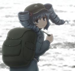 Rule 34 | 1girl, alternate hairstyle, backpack, bag, blue eyes, blue hair, blurry, blurry background, bokeh, commentary, depth of field, drill hair, from behind, frown, hair bobbles, hair ornament, hat, highres, kawashiro nitori, long sleeves, looking at viewer, looking back, shirosato, solo, touhou, twin drills