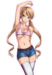 Rule 34 | 1girl, arm up, armpits, blue shorts, bra, breasts, cleavage, collarbone, cowboy shot, earrings, green eyes, gundam, gundam tekketsu no orphans, heart, heart earrings, highres, jewelry, lafter frankland, light brown hair, long hair, looking at viewer, medium breasts, midriff, navel, ozaneko, pink bra, shiny clothes, shiny skin, short shorts, shorts, sideboob, simple background, smile, solo, sports bra, stomach, thighhighs, twintails, underboob, underwear, very long hair, white background, white thighhighs