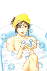 Rule 34 | 1990s (style), 1girl, absurdres, bathing, bathtub, brown eyes, brown hair, bubble, convenient censoring, family compo, foam, highres, houjou tsukasa, knee up, long hair, looking at viewer, nude, official art, partially submerged, retro artstyle, simple background, sitting, smile, soap bubbles, soap censor, solo, towel, wakanae shion, white background, yellow towel