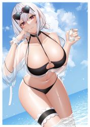 Rule 34 | 1girl, absurdres, azur lane, bare shoulders, bikini, black bikini, blue sky, breasts, chichikoucha, collarbone, eyewear on head, hand up, heart, heart-shaped eyewear, highres, large breasts, long sleeves, looking at viewer, navel, o-ring, o-ring bikini, official alternate costume, outdoors, parted lips, partially submerged, red eyes, see-through, sirius (azur lane), sirius (scorching-hot seirios) (azur lane), sky, smile, sunglasses, swimsuit, thigh strap, thighs, water, white hair