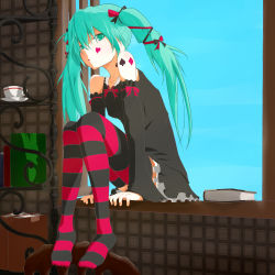 Rule 34 | 1girl, absurdres, arm support, book, cup, detached sleeves, dress, green eyes, green hair, hair ribbon, hatsune miku, highres, long hair, matching hair/eyes, nucomiso, ribbon, sitting, solo, striped clothes, striped thighhighs, teacup, thighhighs, twintails, vocaloid, window