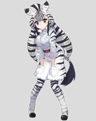 Rule 34 | 10s, 1girl, animal ears, animal print, bad id, bad nicoseiga id, belt, black eyes, black hair, breast pocket, breasts, chapman&#039;s zebra (kemono friends), cibo (killy), collared shirt, commentary request, dot nose, eyelashes, grey background, grey hair, hands in pockets, highres, jacket, kemono friends, large breasts, long hair, looking at viewer, multicolored hair, partially unbuttoned, pocket, safari jacket, serval print, serval tail, shirt, shoes, shorts, simple background, sleeves rolled up, solo, standing, striped clothes, striped legwear, striped shorts, tail, white hair, white shirt, wing collar, zebra, zebra (kemono friends), zebra print