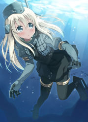 Rule 34 | 10s, 1girl, blue eyes, blush, hyuuga azuri, kantai collection, light, pale skin, parted lips, silver hair, solo, submerged, u-511 (kancolle), underwater