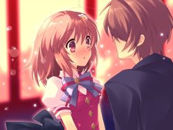 Rule 34 | 1boy, 1girl, :o, ahoge, blush, bow, bowtie, brown hair, couple, embarrassed, eye contact, flat chest, flower, flyable heart, from behind, game cg, hair ornament, hairclip, hetero, highres, inaba yui, ito noizi, katsuragi shou, looking at another, open mouth, red eyes, ribbon, school uniform, short hair, sunset, surprised, window