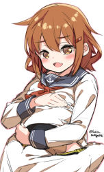 Rule 34 | 1boy, 1girl, admiral (kancolle), anchor symbol, black sailor collar, brown hair, commentary request, cowboy shot, fake pregnancy, fang, hair ornament, hairclip, head under another&#039;s clothes, hug, ikazuchi (kancolle), kantai collection, laco soregashi, neckerchief, one-hour drawing challenge, open mouth, red neckerchief, sailor collar, school uniform, serafuku, short hair, simple background, twitter username, under another&#039;s clothes, white background