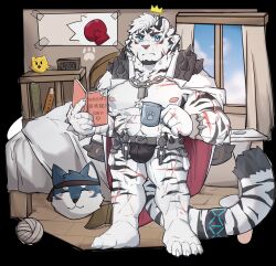 Rule 34 | 1boy, abs, adapted costume, animal ears, arknights, bara, bare pectorals, book, boxing gloves, bulge, chain, chain necklace, character request, chinese text, crown, cup, deformed, facial hair, floating crown, frown, full body, furry, furry male, goatee, highres, holding, holding book, jacket, jacket on shoulders, jewelry, light blush, looking at viewer, luowei roui, male focus, mature male, merchandise, mini crown, mountain (arknights), mug, muscular, muscular male, navel, navel hair, necklace, nipples, paw print, pectorals, print mug, scar, scar across eye, short hair, solo, standing, stomach, strongman waist, thick eyebrows, thick tail, tiger boy, tiger ears, translation request, white fur, white hair