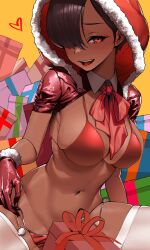 Rule 34 | 1girl, asymmetrical bangs, bow, bra, breasts, brown hair, cleavage, cropped arms, cropped legs, detached collar, gift, gloves, hair over one eye, heart, highres, large breasts, leather, leather gloves, looking at viewer, navel, open mouth, original, panties, rakuga kiya, red bow, red bra, red eyes, red gloves, red hood, red lips, red panties, sexually suggestive, short hair, skindentation, thighhighs, underwear, undressing, white thighhighs, yellow background